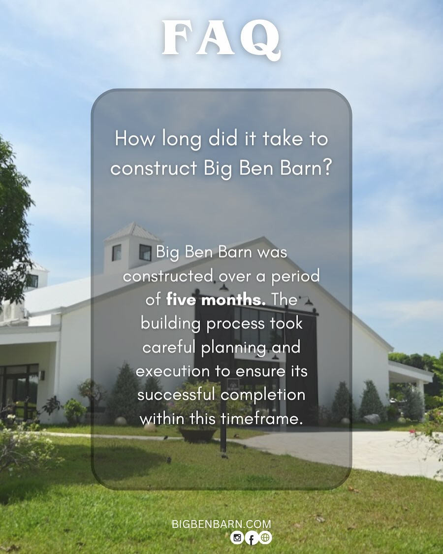 Exterior view of the completed Big Ben Barn building with information about its five-month construction period