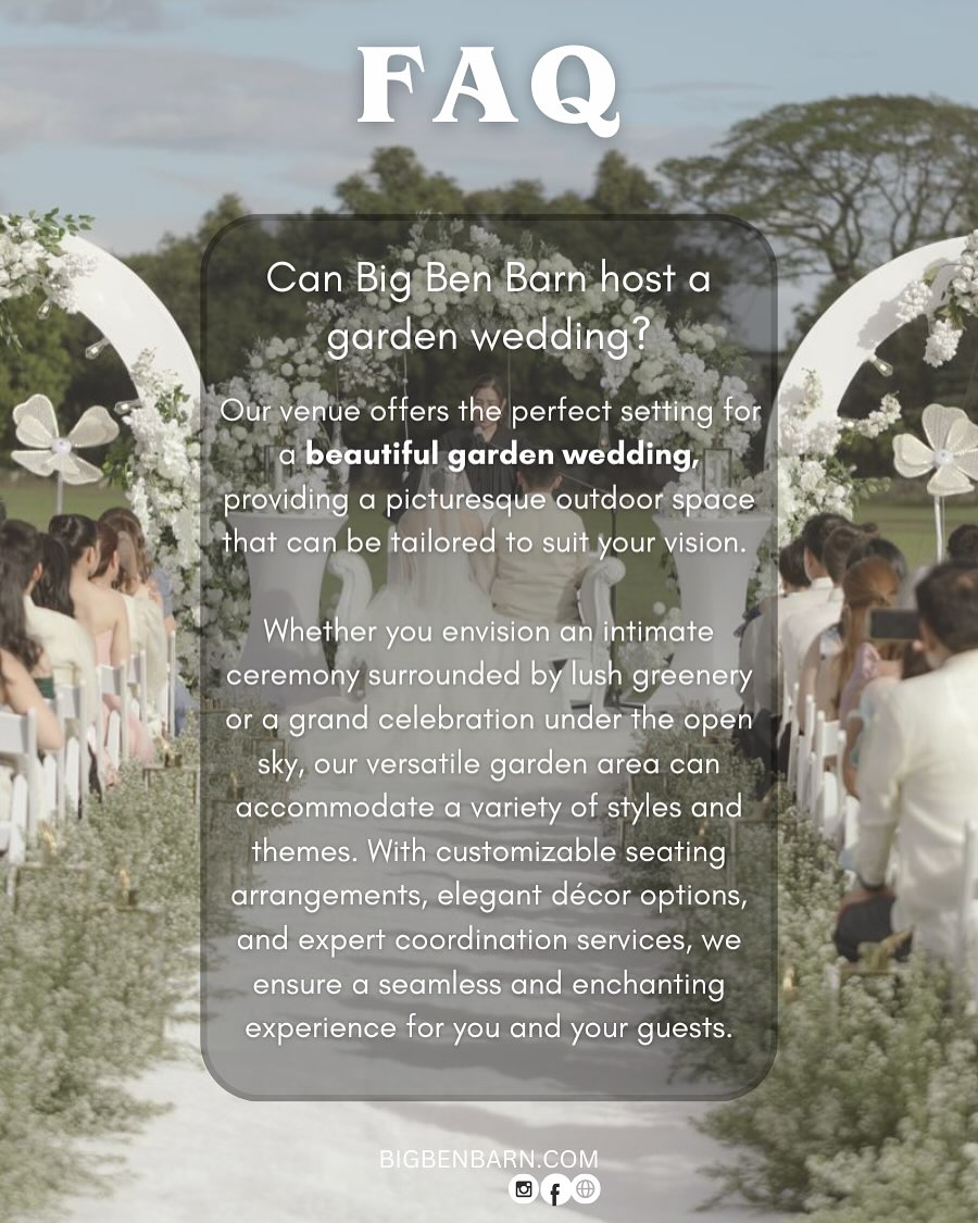 Garden wedding ceremony setup at Big Ben Barn with white floral arch and seated guests