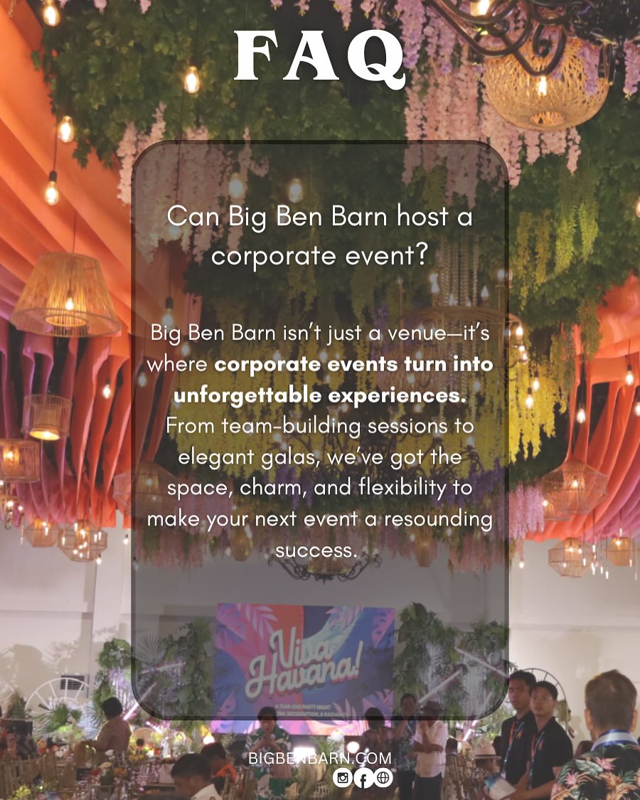 Elegant corporate event setup at Big Ben Barn featuring hanging floral arrangements and decorative lighting