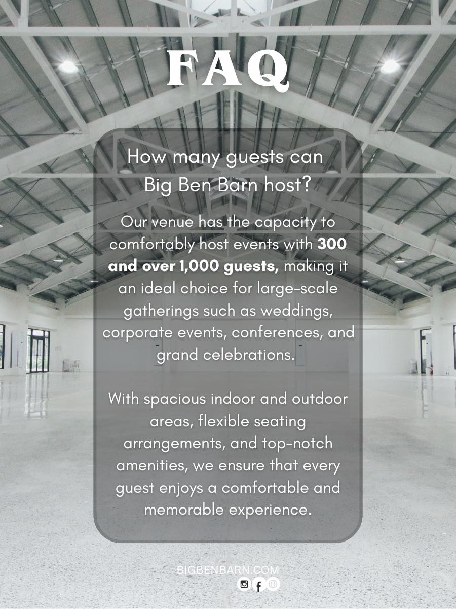 Interior view of Big Ben Barn showing the spacious hall with high ceilings that can host up to 1000 guests